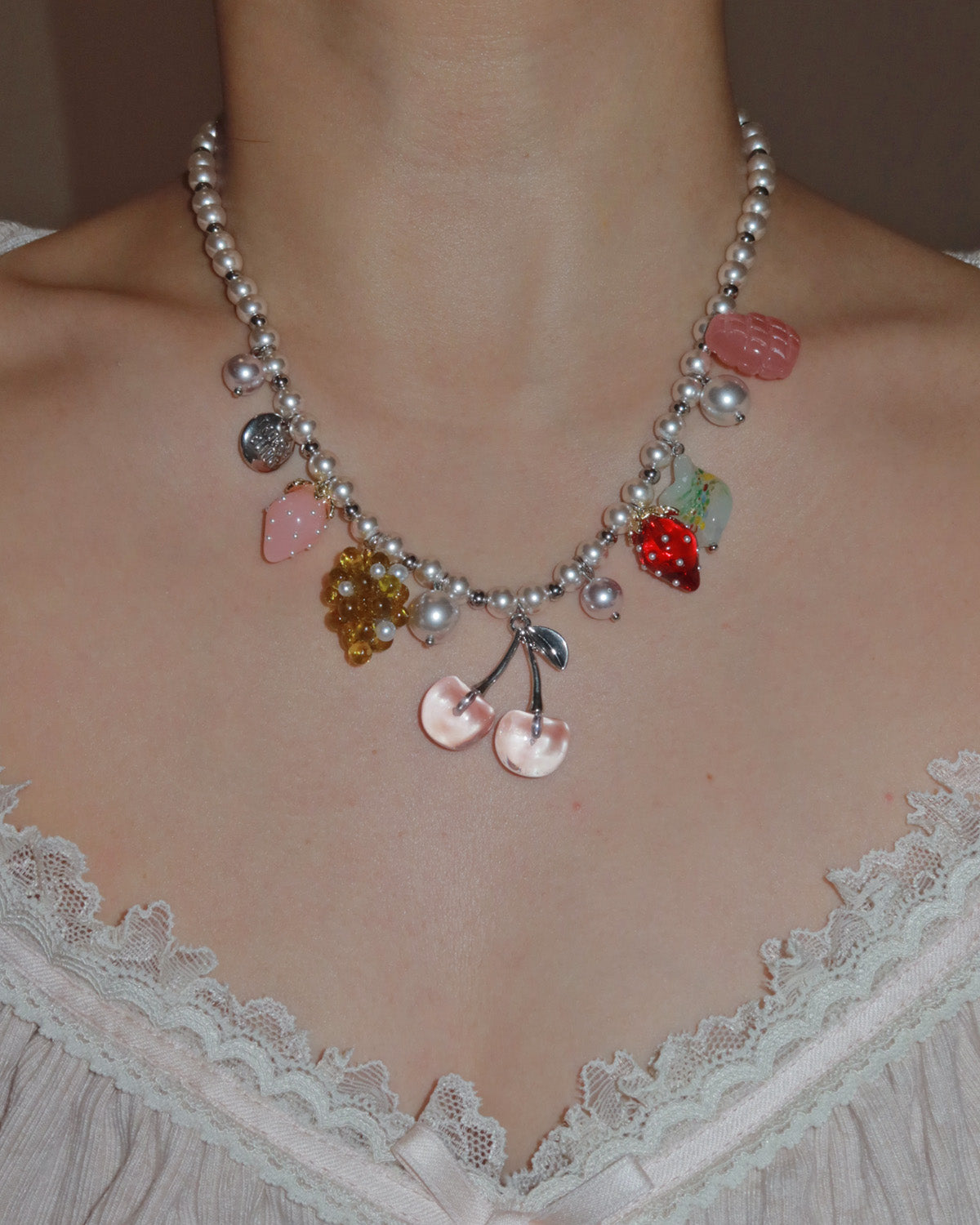 Berry Kisses Cherry Strawberry Pearl Silver Necklace & Bracelet