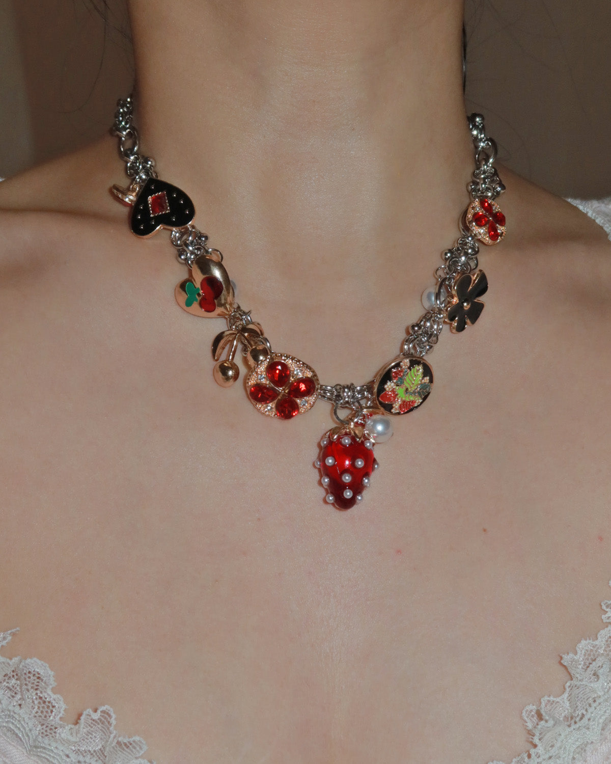 Fraise Strawberry Chunky Silver Chain Chocker Necklace