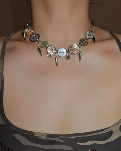 Roxelle Vintage Button & Spike Statement Silver Choker Necklace