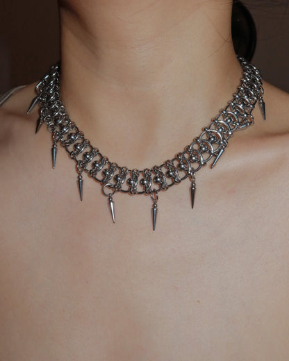 Neon Industrial Chain and Spike Gothic Silver Choker Necklace