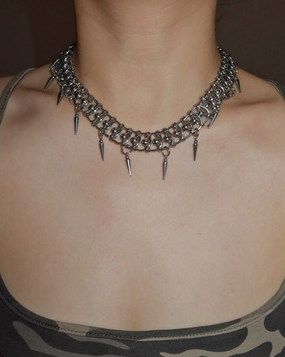 Neon Industrial Chain and Spike Gothic Silver Choker Necklace