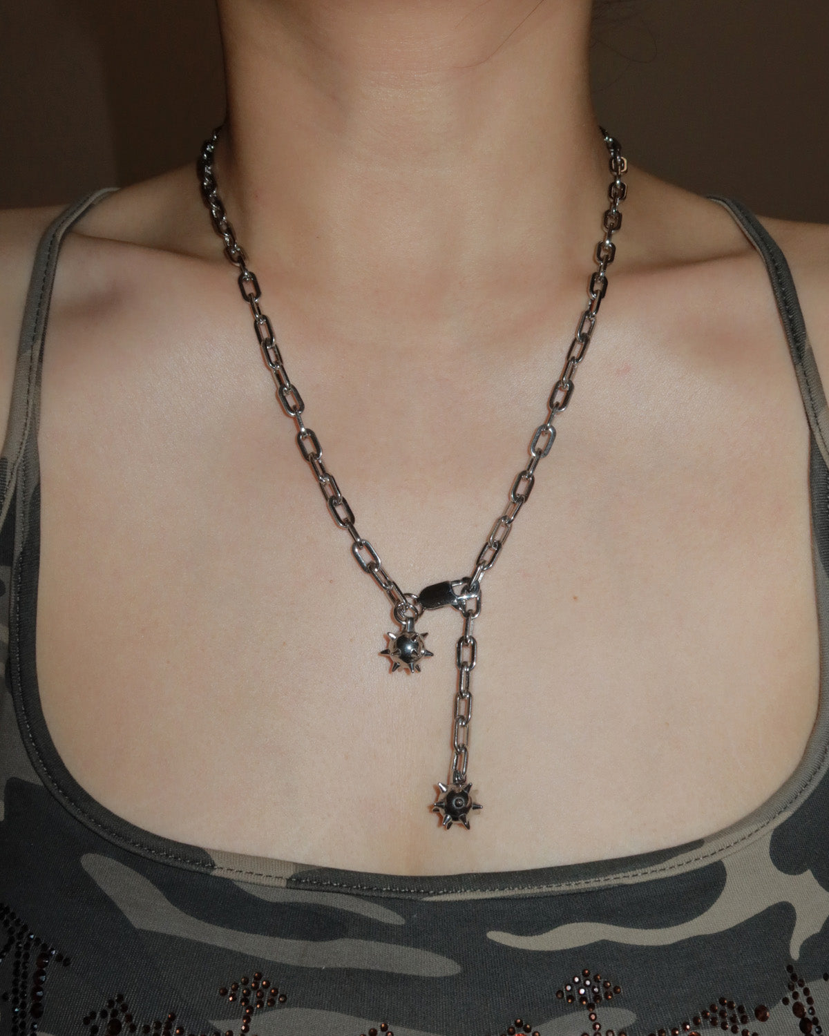 Veda Silver Edgy Double Morning Star Mace Pendant Necklace