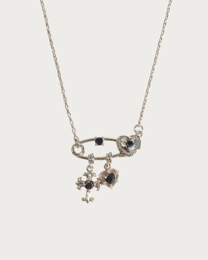 Seraphine Black Crystal Light Golden Safety Pin Cross Heart Necklace