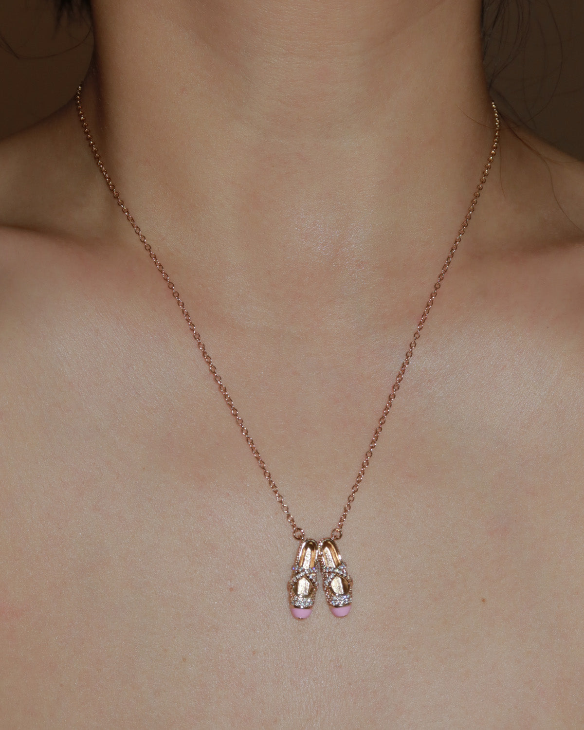 Pointe Pink Enamel Ballet Slippers Golden Pendant Necklace