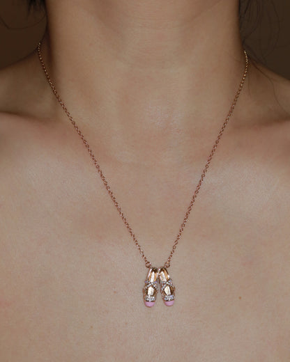 Pointe Pink Enamel Ballet Slippers Golden Pendant Necklace