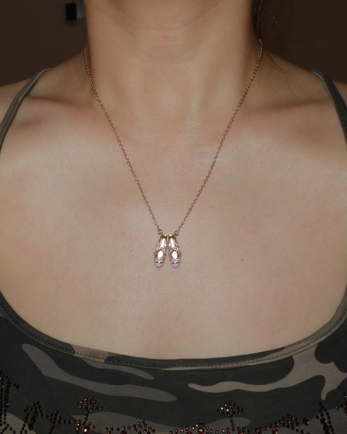 Pointe Pink Enamel Ballet Slippers Golden Pendant Necklace