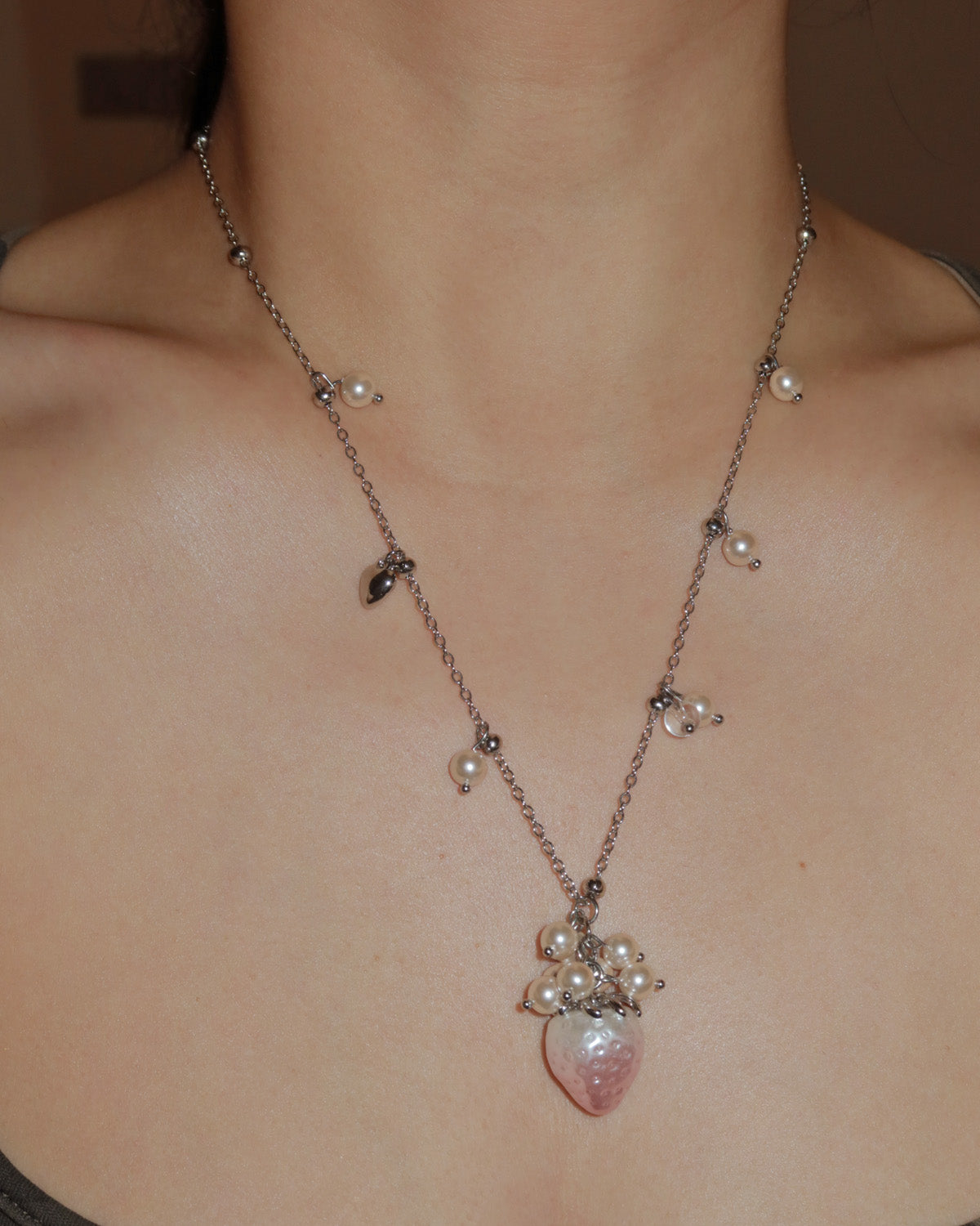 Pippiberry Whimsical Strawberry Pearl Silver Necklace