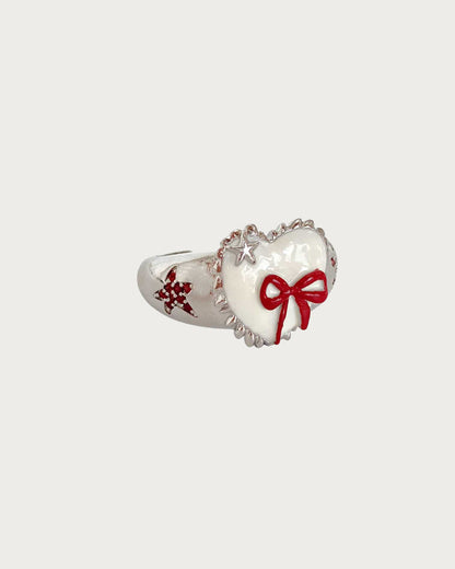Sweet Heart Star Red Bow Silver Ring
