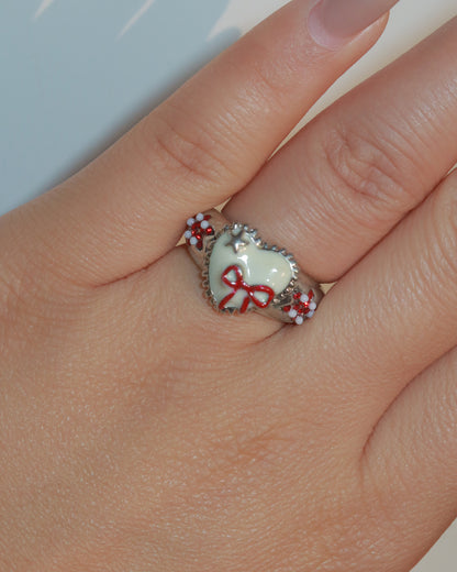 Jill Sweet Heart Star Red Bow Silver Ring