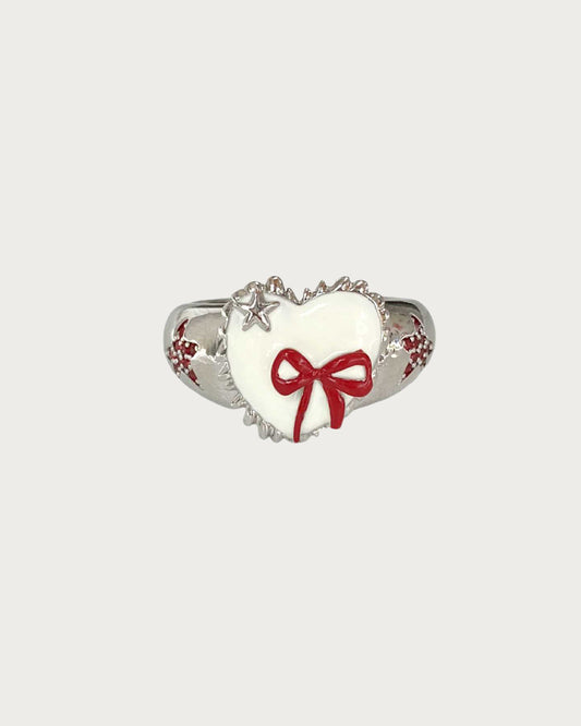 Sweet Heart Star Red Bow Silver Ring