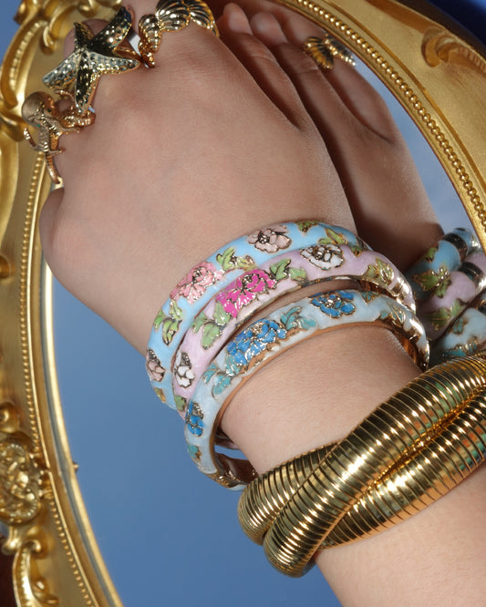 Esta Blue Flower Enamel Cloisonne Golden Bangle