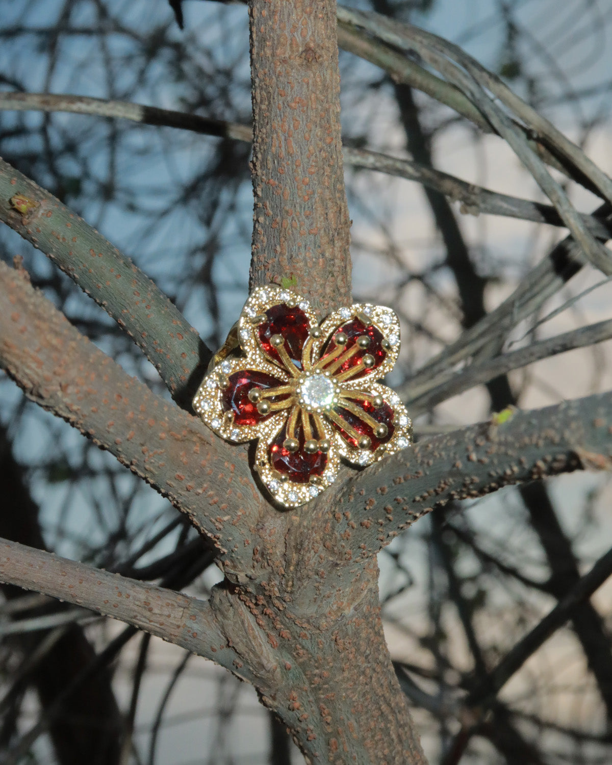 Denise Rose Red Flower Golden Ring