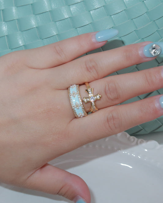 Elodie Cross Pearl Crystal Golden Ring Set In Blue