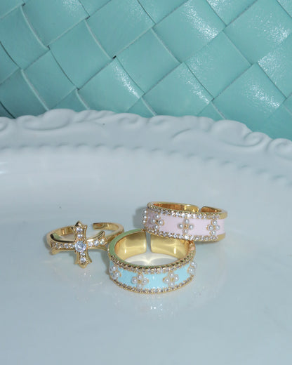 Elodie Cross Pearl Crystal Golden Ring Set In Blue