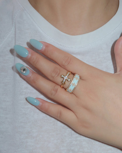 Elodie Cross Pearl Crystal Golden Ring Set In Blue