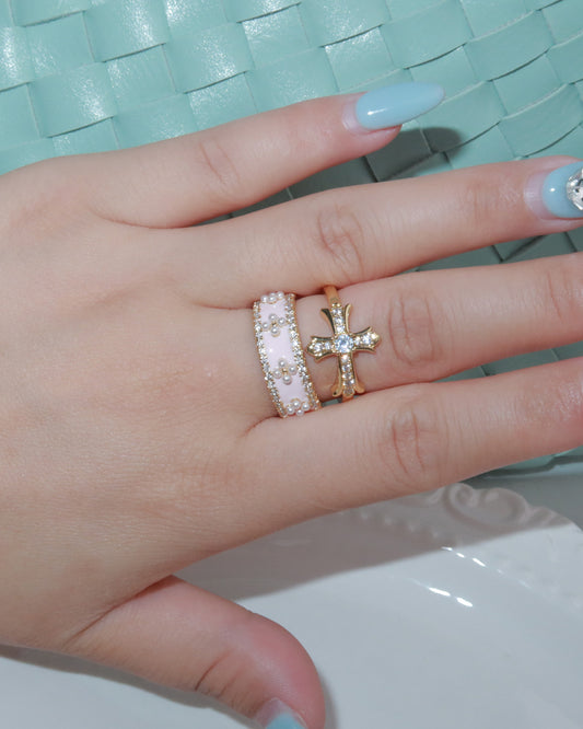 Elodie Cross Pearl Crystal Golden Ring Set In Pink
