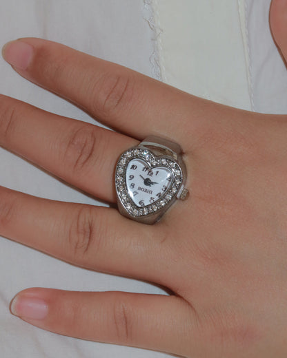 Jodie Sparkling Rhinestone Heart Silver  Watch Ring