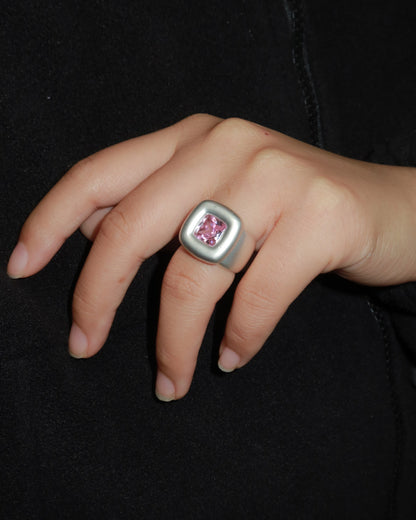Pixel Matte Silver Square Pink Gemstone Ring