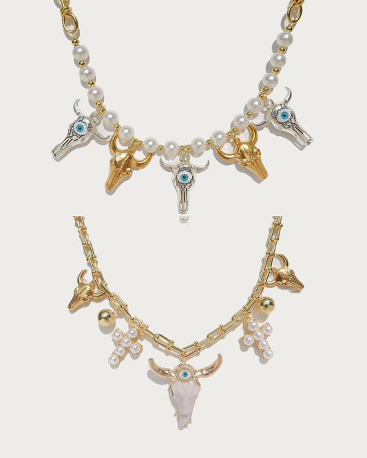 Charlotte Bull Head Pearl Golden Necklace Set
